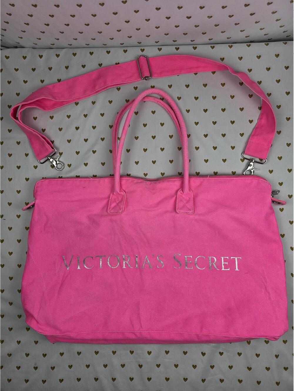 Victoria's Secret NEON PINK Tote Canvas Logo Duffel Bag Purse Long Strap - Picture 1 of 9